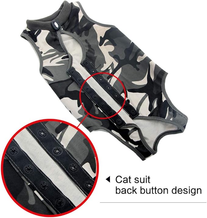 Cat Recovery Suit for Male and Female Surgical Post Surgery Soft Cone Onesie Shirt Clothes Neuter Licking Protective Diapers Outfit Cover Kitten Spay Collar(L, Camouflage)