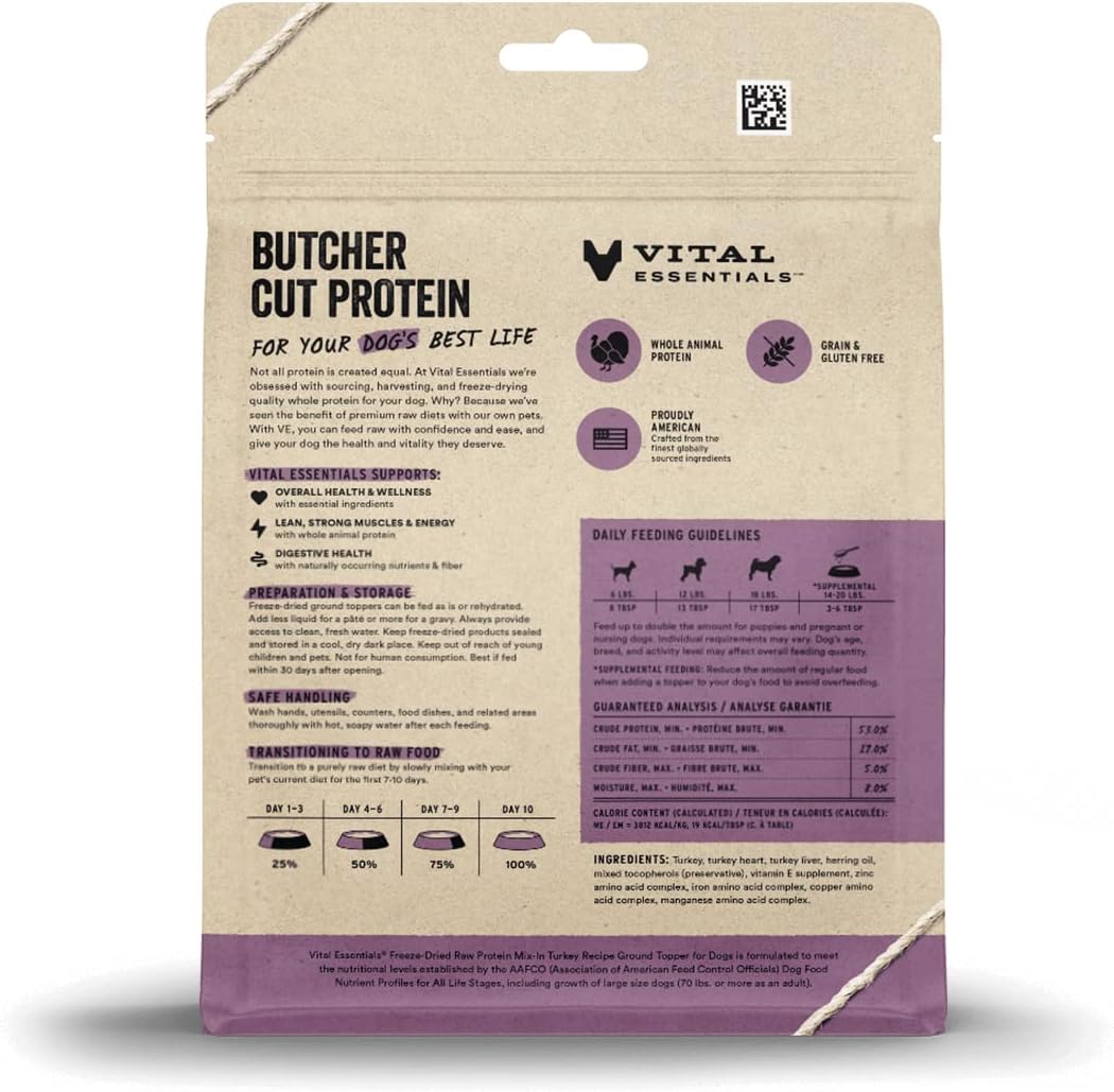 Vital Essentials Freeze Dried Raw Protein Mix-in Dog Food Topper, Turkey Ground Topper for Dogs, 6 oz