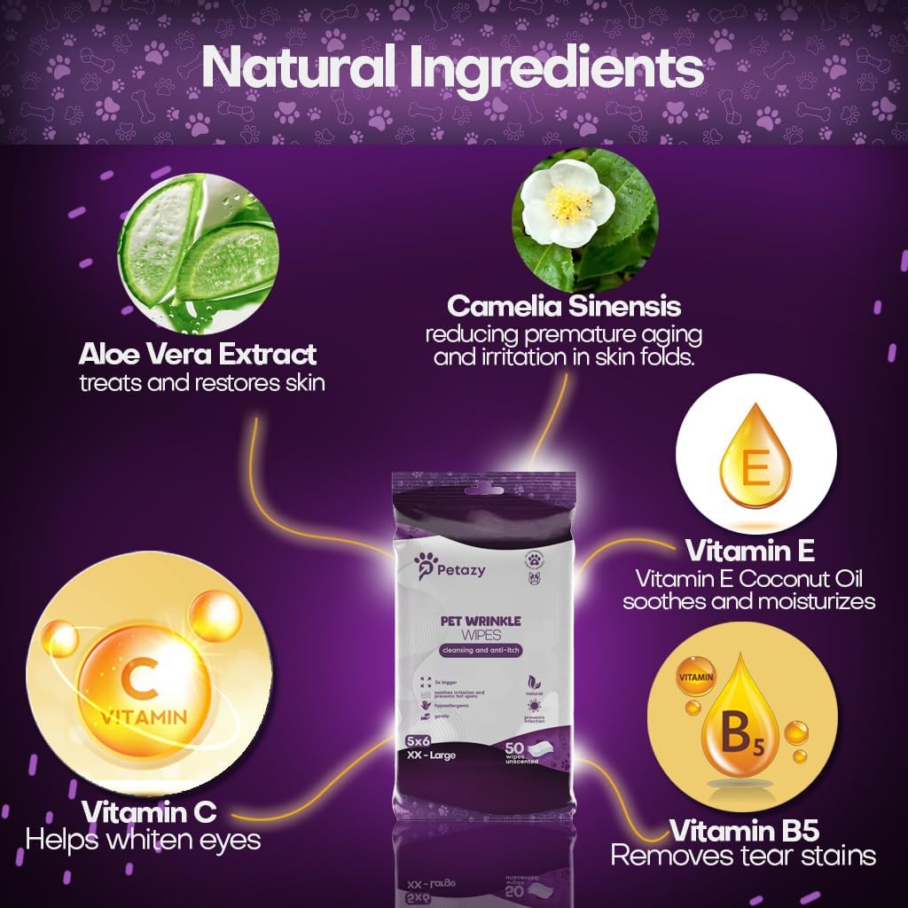 Wrinkle Wipes for Dogs 50 Count 5x6 | 3X Larger Dog Face Wipes for French Bulldog and Pug - Cleans Skin Folds, Tear Stains, Tail Pockets | Anti-Itch, Soothing & Hypoallergenic with Coconut Oil