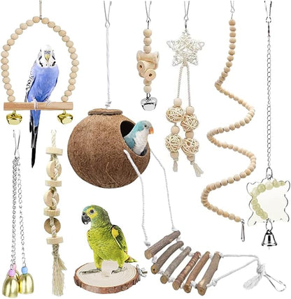 9-Piece Parrots Chewing Toy Set - Natural Wood & Rope Bungee Toys for Anchovies, Coconut Hideaway with Ladder, Bird Perch Stand, Cage Accessories for Parakeets, Cockatiel, Conure, Mynah, Macaw