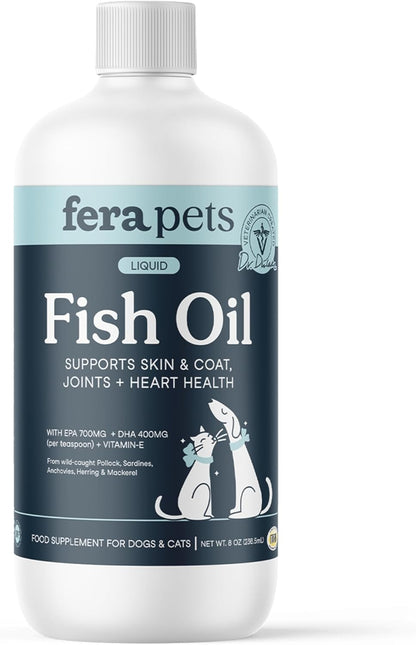 Fera Pets Fish Oil - Omega 3 for Dogs & Cats to Support Joints, Heart, Skin and Coat Health - Non GMO with Vitamin E - 8 oz