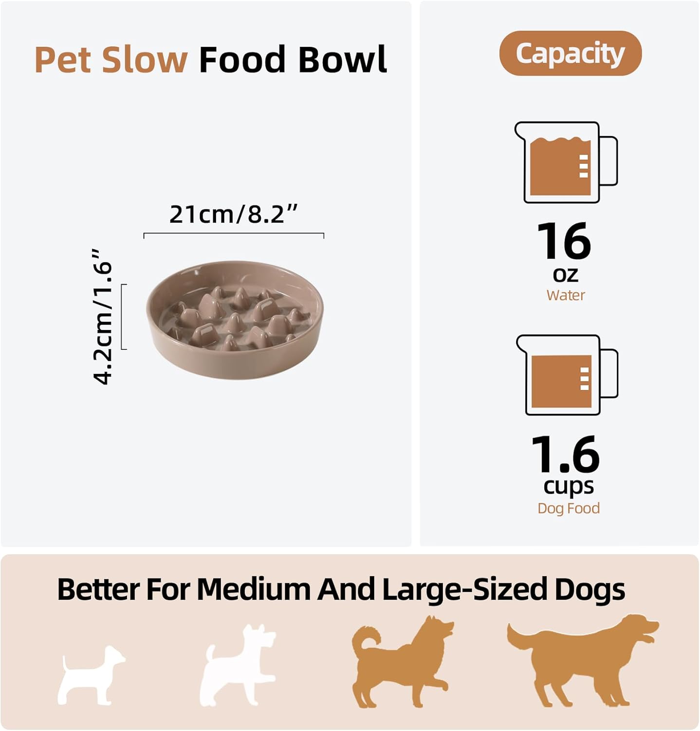 Ceramic 1.6 Cup Dog Bowl Slow Feeder, 8.2 inch Slow Pet Food Dish for Medium and Large Dog, Stop Bloat, Preventing Choking(Single Bowl, Brown Coffee)