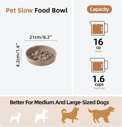 Ceramic 1.6 Cup Dog Bowl Slow Feeder, 8.2 inch Slow Pet Food Dish for Medium and Large Dog, Stop Bloat, Preventing Choking(Single Bowl, Brown Coffee)