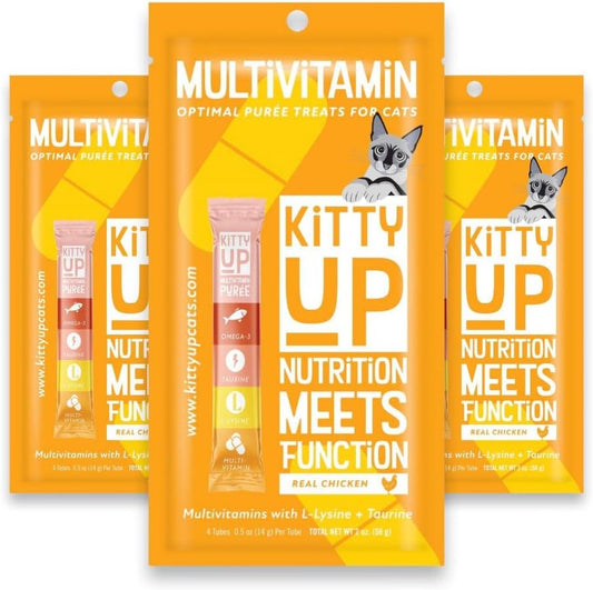 Kitty Up Lickable Cat Treats - All Natural Chicken Puree Tubes with Lysine & Taurine | Grain-Free Wet Treats for Indoor Cats & Kittens (12 Pack)