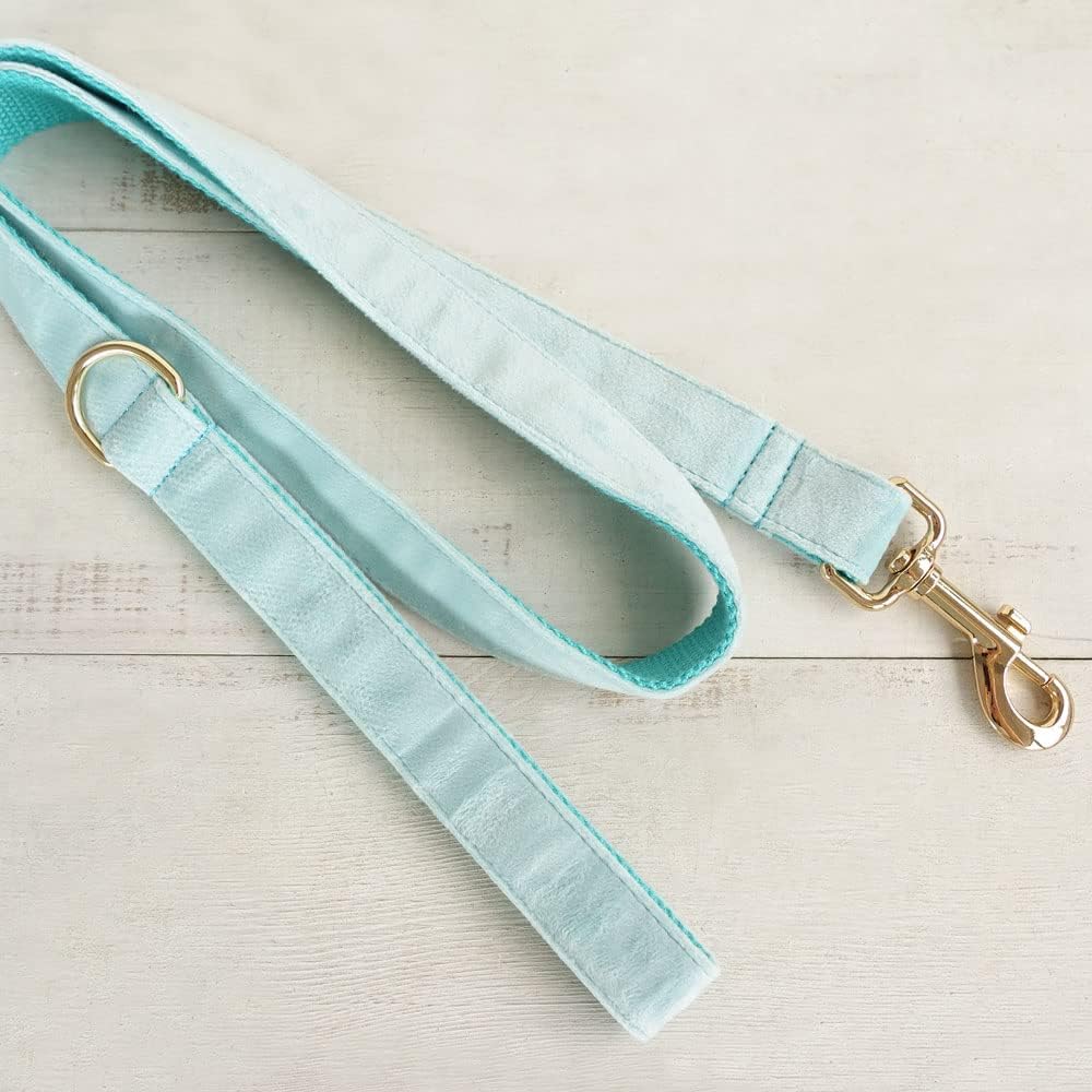 PETDURO Personalized Dog Collar Mint Blue Soft Velvet for Large Medium Small Boy Girl Dogs - Custom Collar with Name Phone Number Engraved on Gold Metal Buckle - Add Leash Bow Set via Customize Now