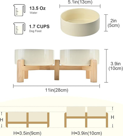 SPUNKYJUNKY Elevated Dog Bowls Ceramic, 5.1'' Dogs and Cat Food Water Bowls Raised with Non-Slip Bamboo Stand for Puppy Small Sized Breed Microwave Dishwasher Safe - 13.5 OZ,Beige