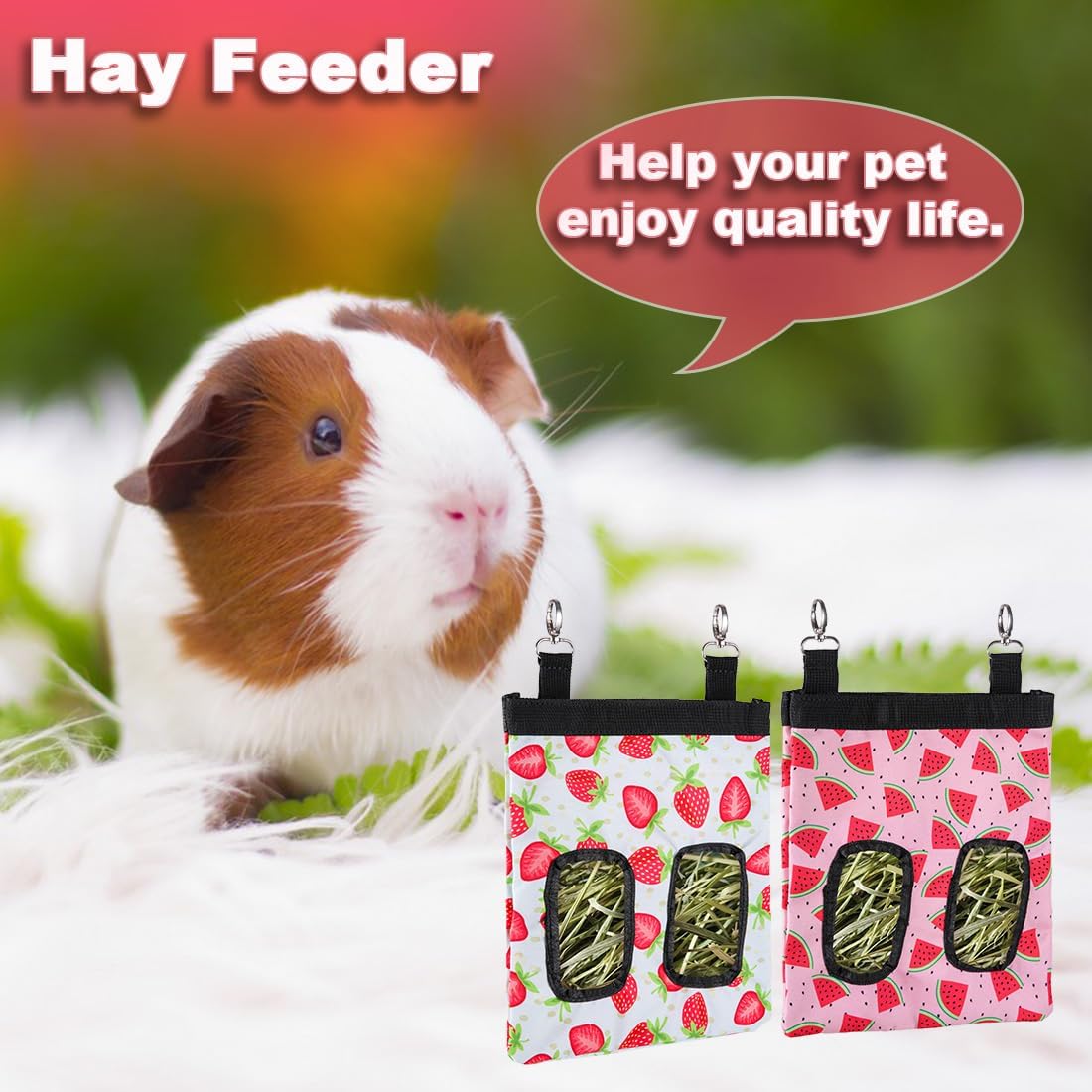DZWLKJ Guinea Pig Hay Feeder, 2 Pack, 11 x 9 x 1 Inches, Rabbit Hay Feeder Bag, Stainless Steel, 600D Oxford, Watermelon and Strawberry