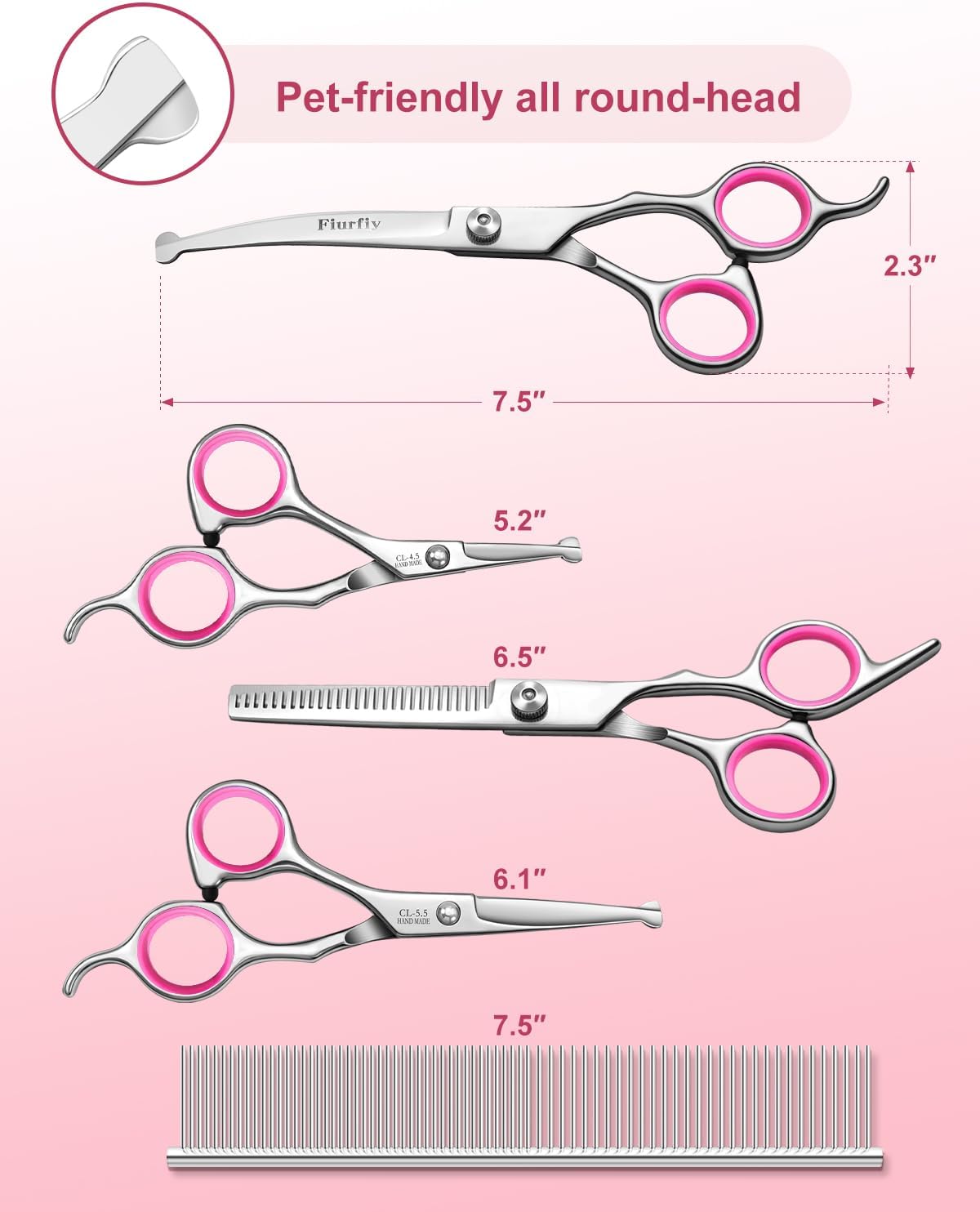 Furry Grooming Scissors with Safety Round Heads. Dog Grooming Scissors, 5CR 6 in 1 Dog Grooming Scissors, Curved Dog Grooming Scissors, Professional Pet Grooming Scissors Set for Dogs and Cats