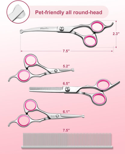 Furry Grooming Scissors with Safety Round Heads. Dog Grooming Scissors, 5CR 6 in 1 Dog Grooming Scissors, Curved Dog Grooming Scissors, Professional Pet Grooming Scissors Set for Dogs and Cats
