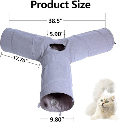 3 Way Collapsible Cat Play Tube Toys with Plush Ball, Indoor Play Tunnel for Puppy, Kitty, Kitten, Rabbit