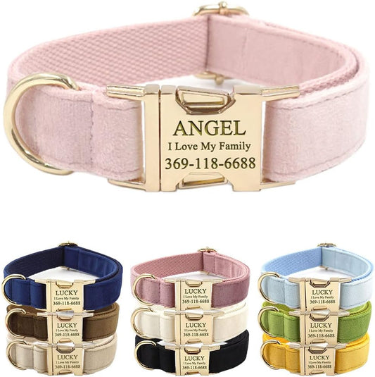 PETDURO Custom Dog Collar Personalized with Name Engraved Quick Release Rose Gold Metal Buckle for Large Medium Small Girl Dogs - Dog Leash and Bow Tie Available - Soft Comfy Velvet (Pink, L)