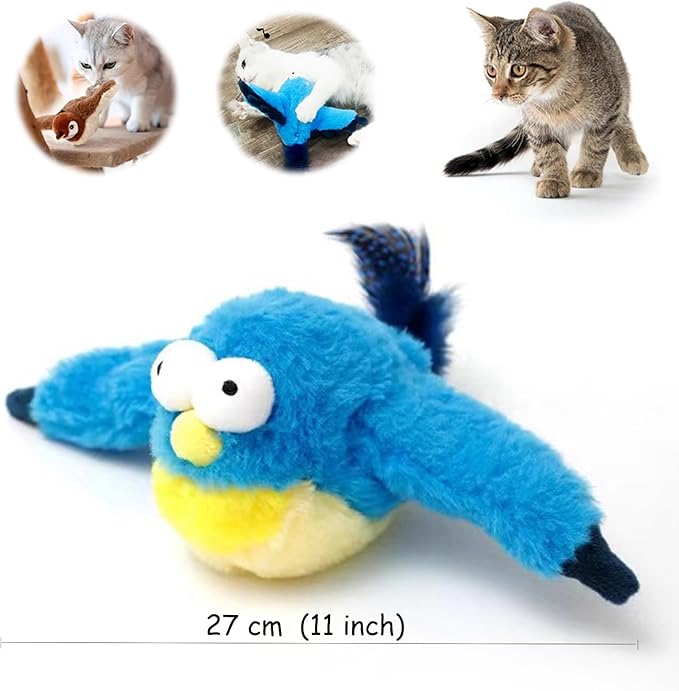 Interactive Chirping Bird Cat Toys with Flapping Wings, 2025 New Flying Birds Cats Toy, Flying Simulation Electric Sparrow Shaking Hunting Pet Toy for Indoor (Blue)