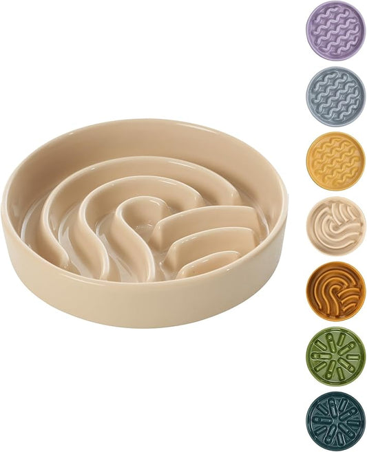 Ceramic Maze Dog Slow Feeder with Non-Slip Silicone Rim – Heavy-Duty Stoneware Bowl with Puzzle Pattern for Bloating & Obesity Prevention (Apricot-M)