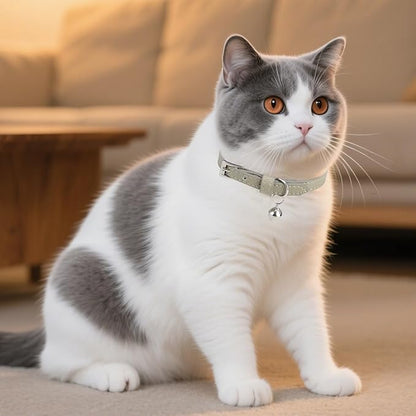 PUPTECK 2 PCS Soft Genuine Leather Cat Kitten Collar with Bells Adjustable for Girl Boy Cats Puppy - Black, Khaki