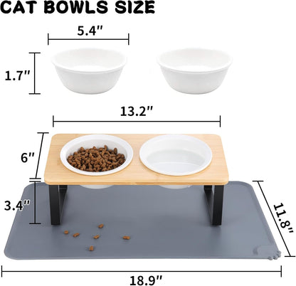 Elevated Whisker Friendly Cat Bowls, 15 Tilted Stand Anti Vomiting Raised Dishes for Food and Water, Ceramic Bowls for Cats and Puppy,Bamboo
