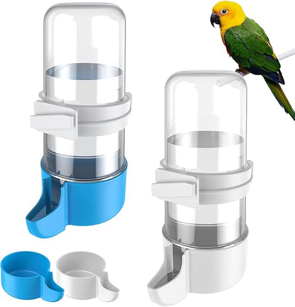 Pawfly Auto Bird Waterer, 2-Pack Cage Dispenser Feeder for Parrots, Hamsters - Small Bird Accessories for Cockatiel, Budgie, Lovebirds (White/Blue)