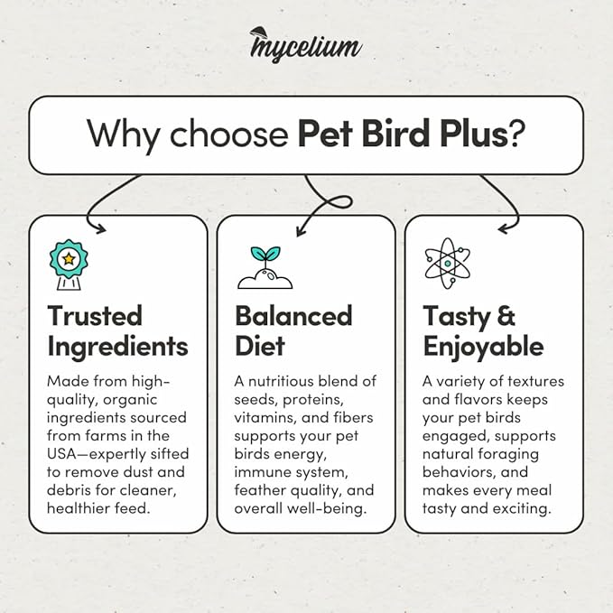 Mycelium Pet Bird Plus Feed (5 LB Bag) | Organic Bird Food for Parakeets, Lovebirds & Cockatiels | Vitamin-Fortified with Real Fruits & Veggies | Immune Support, Daily Nutrition | Non-GMO, USA Made