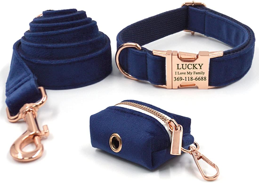 PETDURO Personalized Dog Collar Navy Blue Soft Velvet for Large Medium Small Boy Girl Dogs - Custom Collar with Name Phone Engraved on Rose Gold Metal Buckle - Add Matching Leash Set via Customize Now