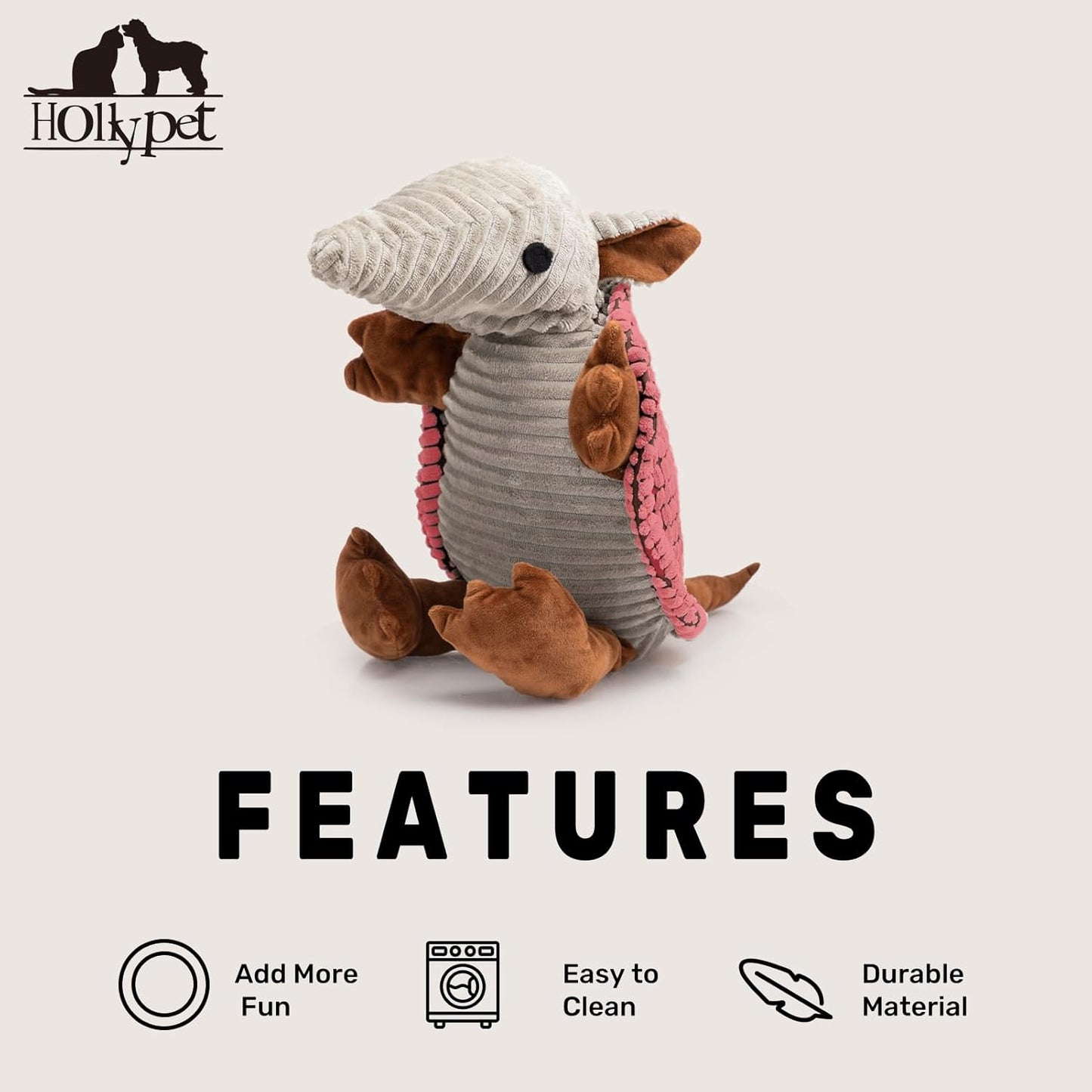 Hollypet Plush Dog Squeaky Toy Stuffed Armadillo Animal Pet Puppy Chew Toys with Clean Teeth for Small Medium Large All Breed Sizes Dogs, Bright Pink, 14 in