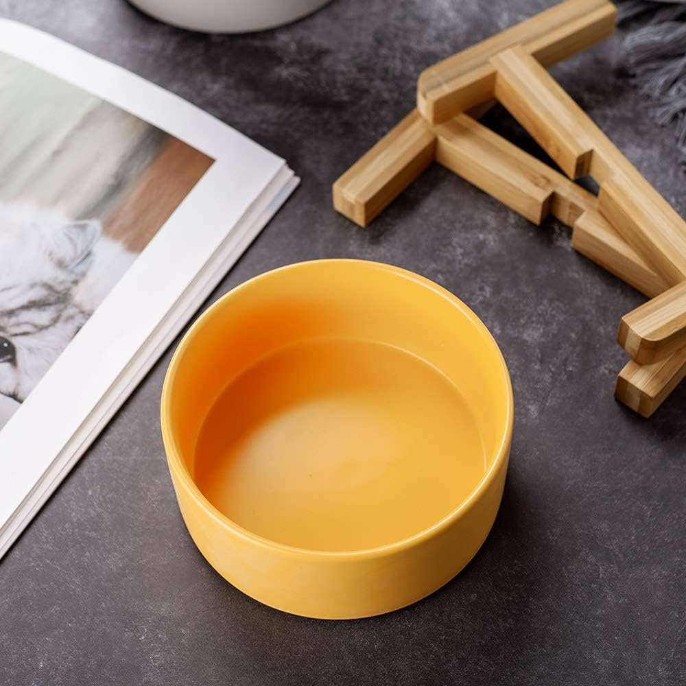 Yellow Ceramic Elevated Raised Cat Bowl with Wood Stand No Spill Pet Food Water Feeder Cats Small Dogs