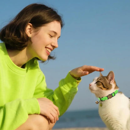 Cat Collar Breakaway, Personalized Leather Cat Collar with Bells-Adjustable Customized Collar with Name & Phone Number Tag for Girl Boy Cats-Quick Release Buckle for Cats & Kittens(LimeGreen)