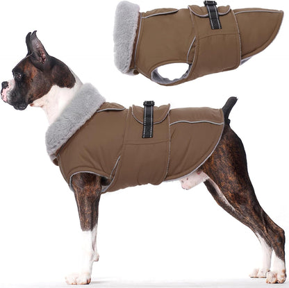 Lelepet Warm Dog Coats for Medium Dogs Waterproof Dog Jacket Reflective Pet Fleece Vest Windproof Cold Weather Coats with Adjustable Buckle & Leash Hole, Brown, M