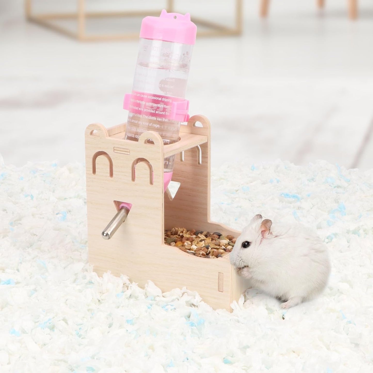 2 in 1 Hamster Hanging Water Bottle Pet Auto Dispenser with Base for Hamster Mice Gerbil Hedgehog (Smile Wooden)