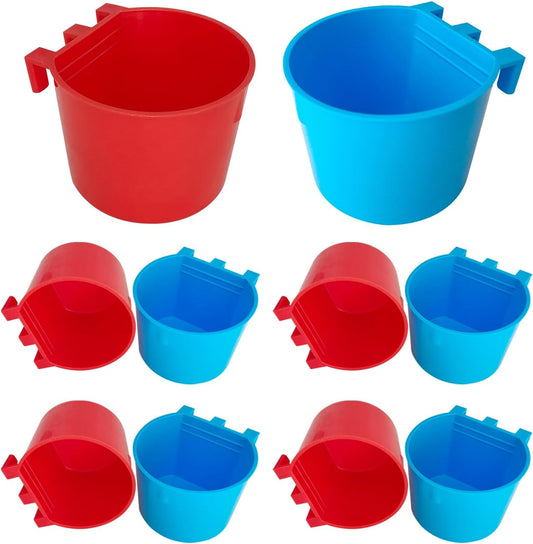 10 Pcs Cage Cups Birds Feeders Bowl Chicken Feeding Watering Dish Hanging Wire Cages Box Coop Cups for Pet Parrot Parakeet Gamefowl Poultry Pigeon and Quail（Blue and Red）