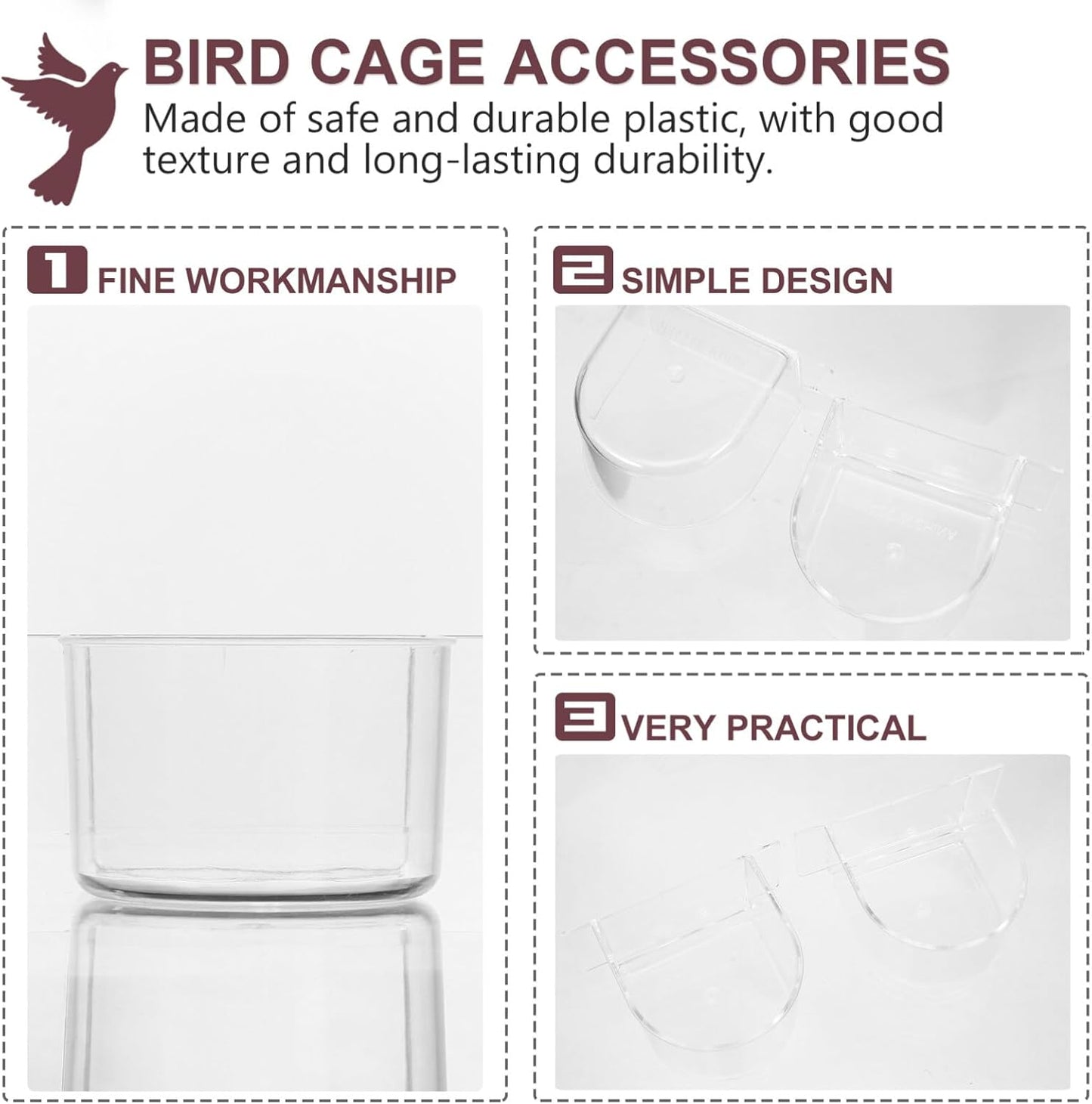 Kisangel 2PCS Bird Cage Feeder Trough, Clear Bird Feeder Cups Parrot Water Bowl for Cage Replacement