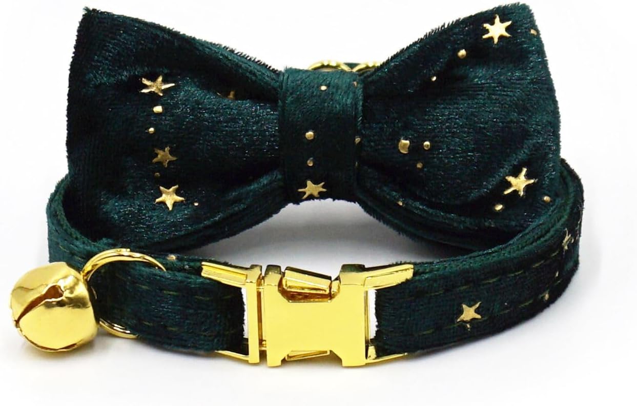 Personalized Cat Collar with Bells,Velvet Customized Small Cat Collar with Name Tag,Pet Collar with Name Phone Number Engraved ID Tags for Boy and Girl Kitten Cats (Green Star)