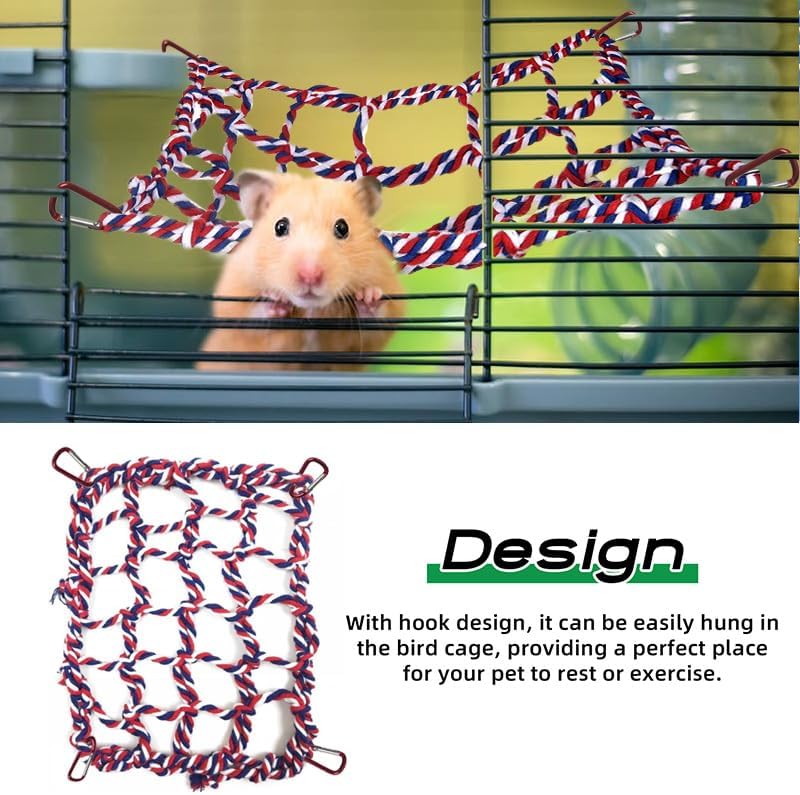 2 Pcs Cotton Rope Hammock & Bridge with 4 Hooks for Cage Accessories - Rat, Bird & Hamster (12.6 x 9.84 inch, Red)