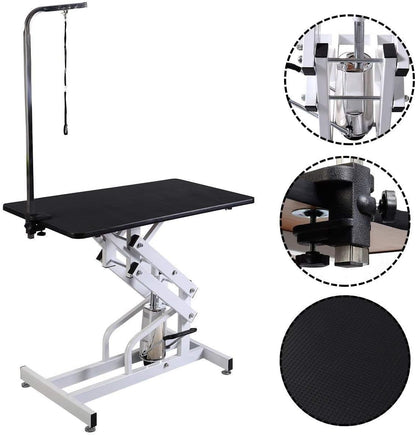Hydraulic Dog Pet Grooming Table, 42 Inch Heavy Duty Z Lift Structure Professional Dog Grooming Table Suitable for Large Dogs at Home with Adjustable Arms, Clamps and 2 Grooming Noose, Black