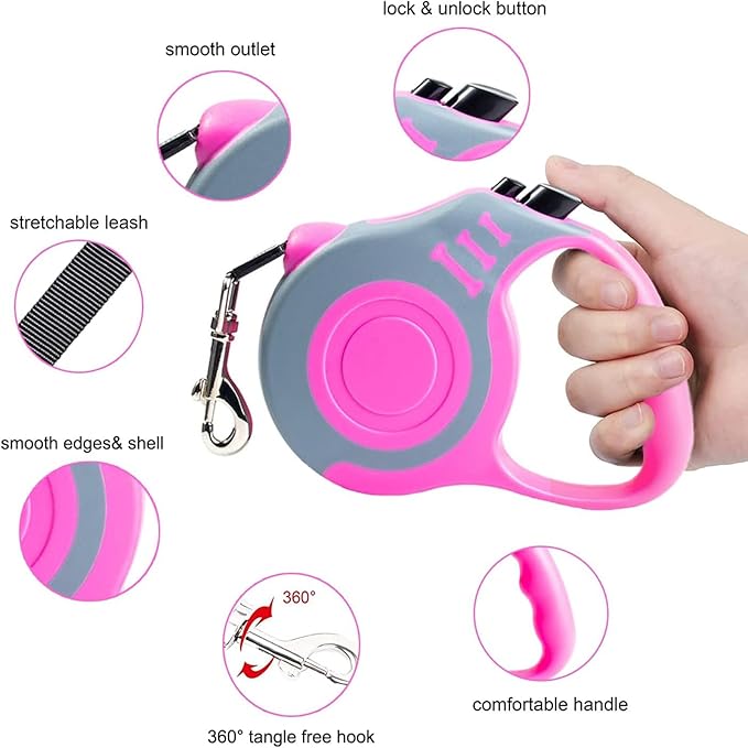 Retractable Dog Leash Lightweight 10/16FT Leash with Non-Slip Handle, for Small Dogs Puppy(Gray Pink, 10FT)