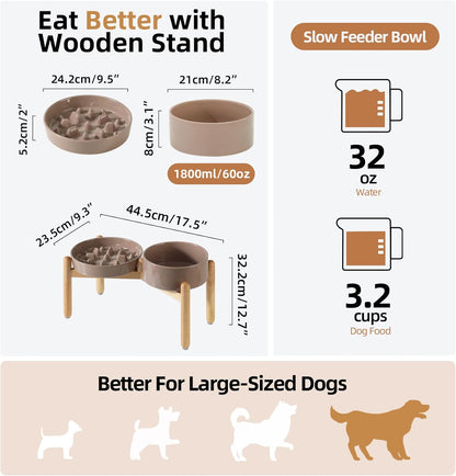 Ceramic Raised Slow Feeder Dog Bowl Set, Elevated 8.2inch Bowl and 9.5inch Slow Pet Food Dish with Wooden Stand for Large Dog (2 x Brown Coffee+ Stand)