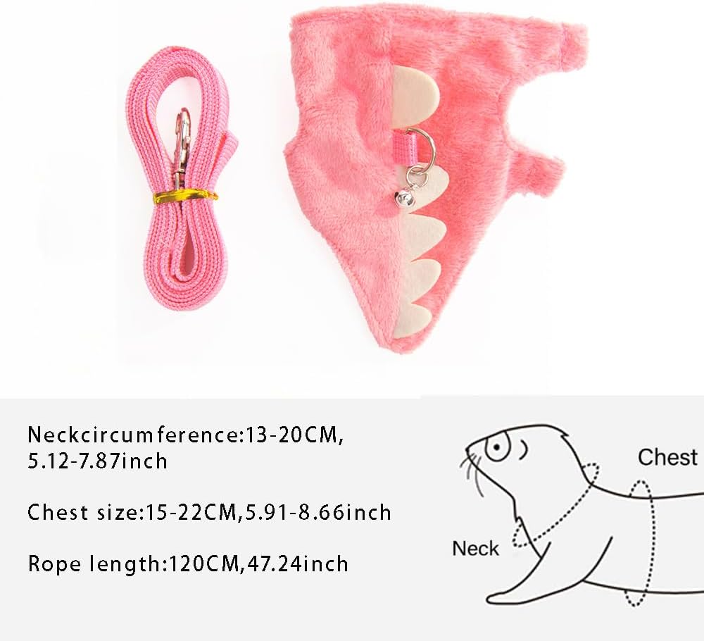 Ferret Leash and Harness Set, Dinosaur Design Small Animal Harness with Leash, Adjustable & Escape-Proof, Soft Plush Comfort for Rabbits, Kitten, Bunny, Hedgehog (Pink)