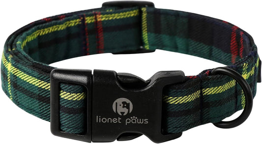 Lionet Paws Chirstmas Green Dog Collar, Grid Puppy Collars with Quick Release Buckle for Boy and Girl Female Dogs, Small, Neck 10-16 inches