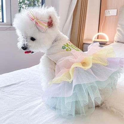 ANIAC Happy 1st Easter Dog Dress Girl Holiday Puppy Clothes for Small Dog Easter Cat Outfit Eggs Print Rainbow Doggy Princess Tutu Dress Pet Clothing (X-Small)