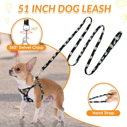 SlowTon No Pull Dog Harness with Leash - Soft Lightweight Floral Pattern Puppy Harness, Adjustable Pet Harness for Small Medium Dogs (Black Daisy S)