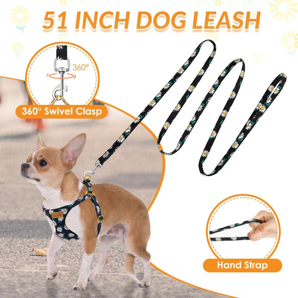 SlowTon No Pull Dog Harness with Leash - Soft Lightweight Floral Pattern Puppy Harness, Adjustable Pet Harness for Small Medium Dogs (Black Daisy XS)
