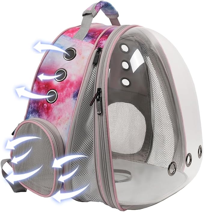 Front Expandable Cat Backpack Carrier, Fit up to 20 lbs, Space Capsule Astronaut Bubble Window Backpack for Large Fat Cat and Small Puppy, Galaxy Pink Print