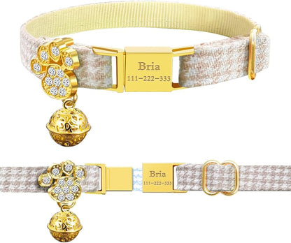 Personalized Breakaway Cat Collars - Magnetic Buckle, Bell - Safety Quick Release, Customized for Girls & Boys Cats- (Houndstooth-Khaki)