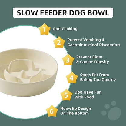 6.1inch Dog Bowl Slow Feeder Ceramic for Small Dog, Pet Slow Feeder, Stop Bloat, Preventing Choking(Single Bowl-Beige)