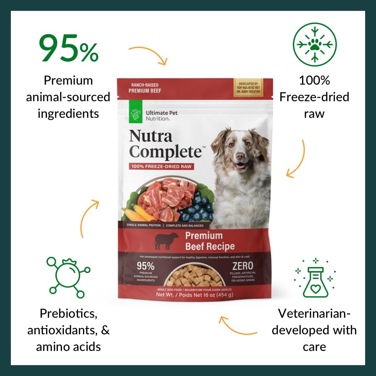 ULTIMATE PET NUTRITION Nutra Complete, 100% Freeze Dried Veterinarian Formulated Raw Dog Food with Antioxidants Prebiotics and Amino Acids, (1 Pound (Pack of 4), Beef)