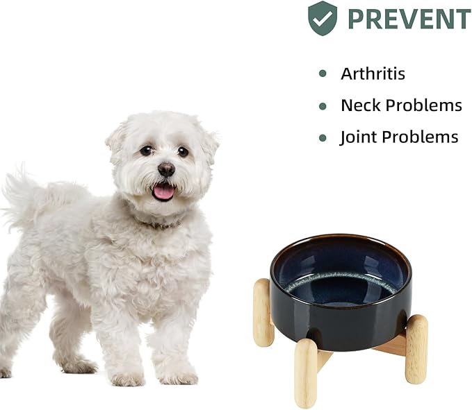 Ceramic 5.1inch Raised Dog and Cat Bowl Set, Elevated with Wooden Stand, Food and Water Bowl for Small Breed Dogs, Cats, Kitty, Weighted Dog Dishes, Pet Bowls(13.5oz, Starry Sky)