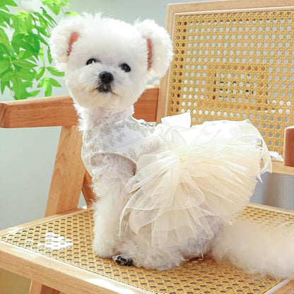 ANIAC Embroidered Dog Dress for Small Dog,Girl Puppy Princess Tutu Dress with Leash Ring,Cat Apparel,Chihuahua Yorkie Clothes for Birthday Wedding (Large, Champagne)