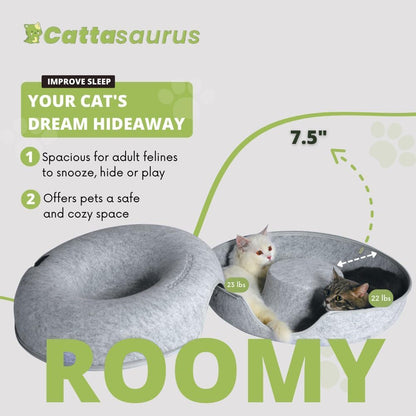CATTASAURUS Peekaboo Cat Cave for Multiple & Large Cats Up to 30-45 Lbs, Scratch Detachable & Washable Tunnel Bed, Comfy Donut Cat Cave (Light Gray + Light Gray, Large)