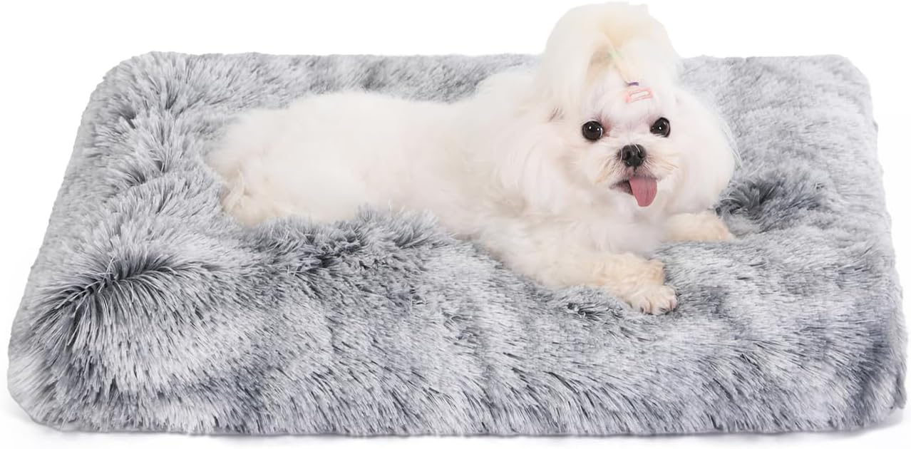 Bedfolks Waterproof Crate Bed, Plush Dog & Cat Bed with Removable Washable Cover, Faux Fur Kennel Pad, 21"x13", Dark Grey