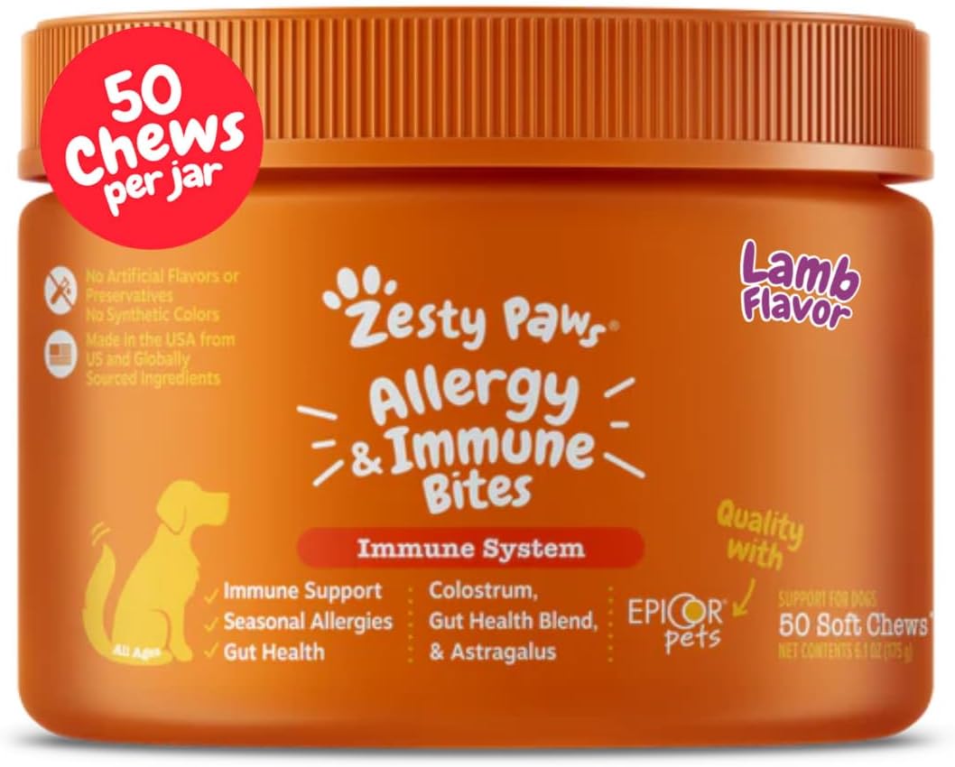 Zesty Paws Dog Allergy Relief Chews, Dog Probiotics for Itchy Skin and Ears, Lamb, 50ct