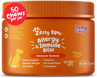 Zesty Paws Dog Allergy Relief Chews, Dog Probiotics for Itchy Skin and Ears, Lamb, 50ct