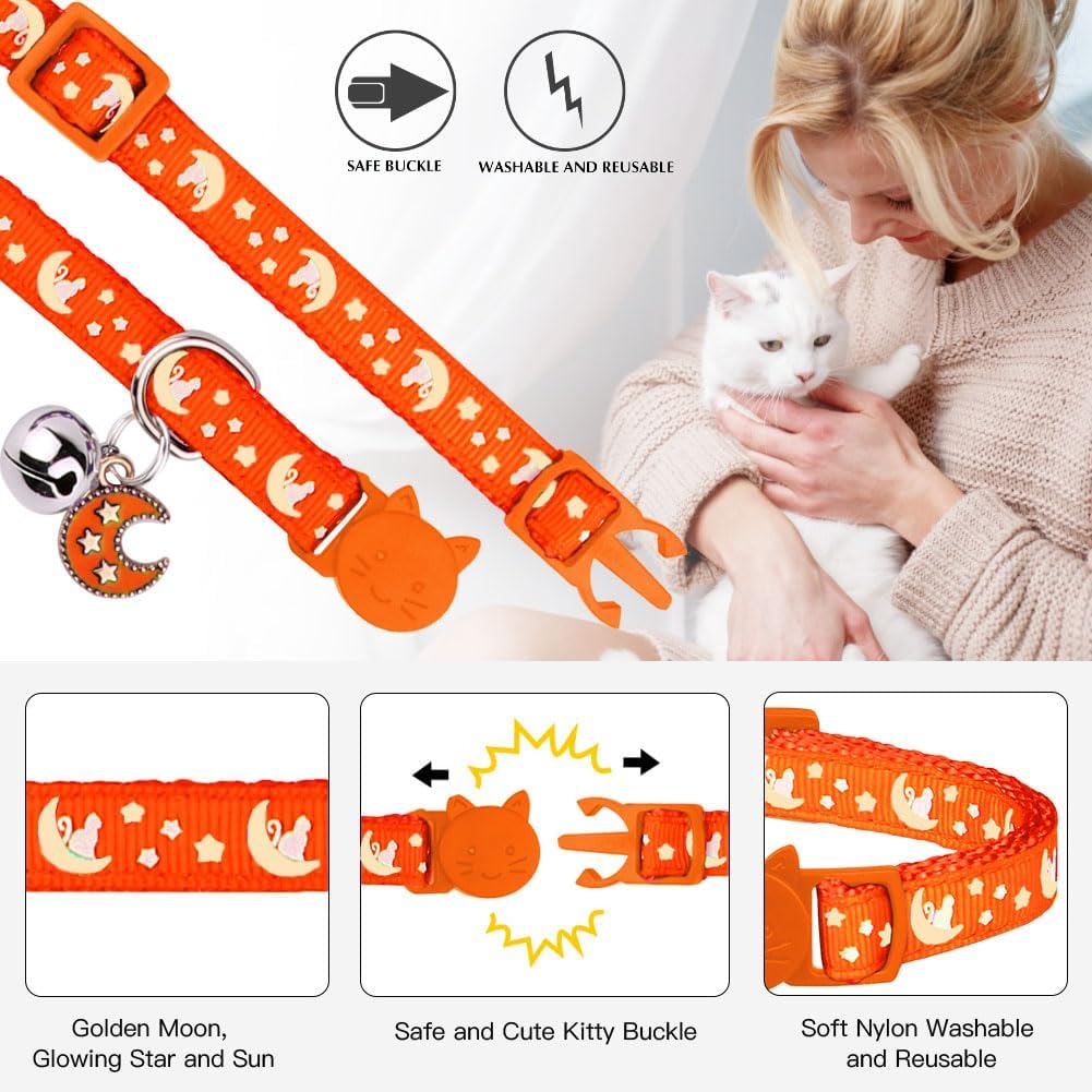 2Pcs Breakaway Cats Collars Cat Collars for Boy & Girl Cats Adjustable Kitten Collars with Bell,Black+Tangerine,8"-13.1"